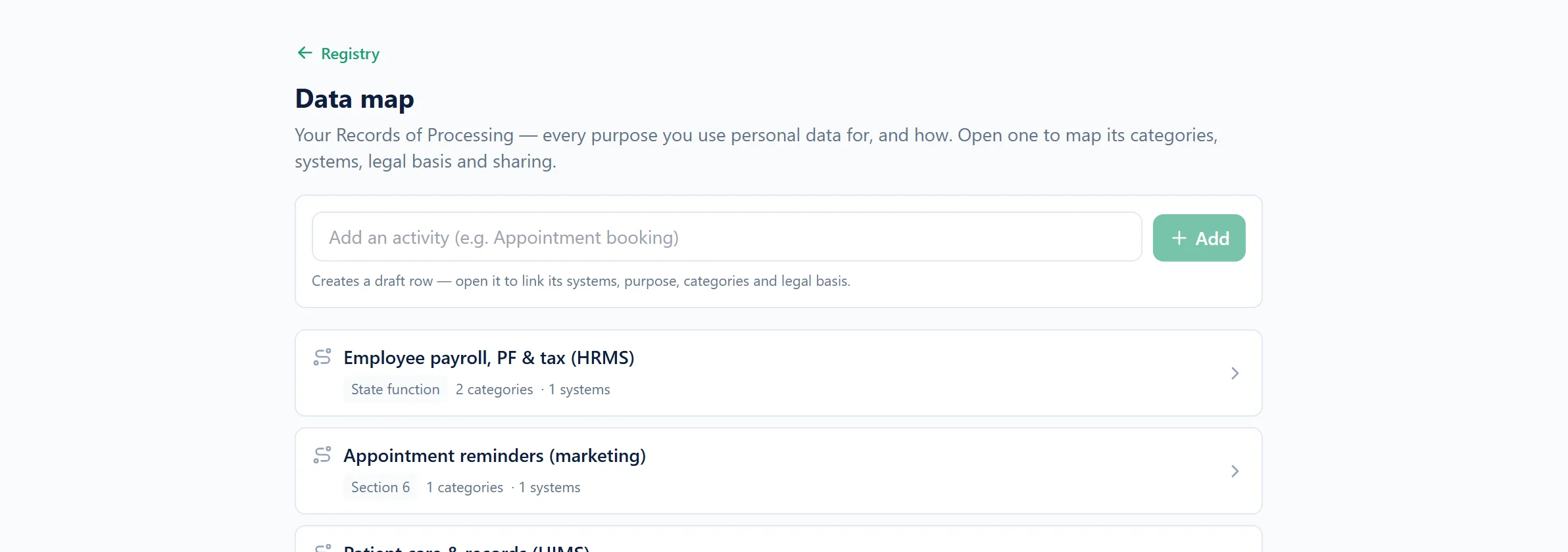 The processing activities screen, showing each activity with its purpose, lawful basis, recipients and retention period.