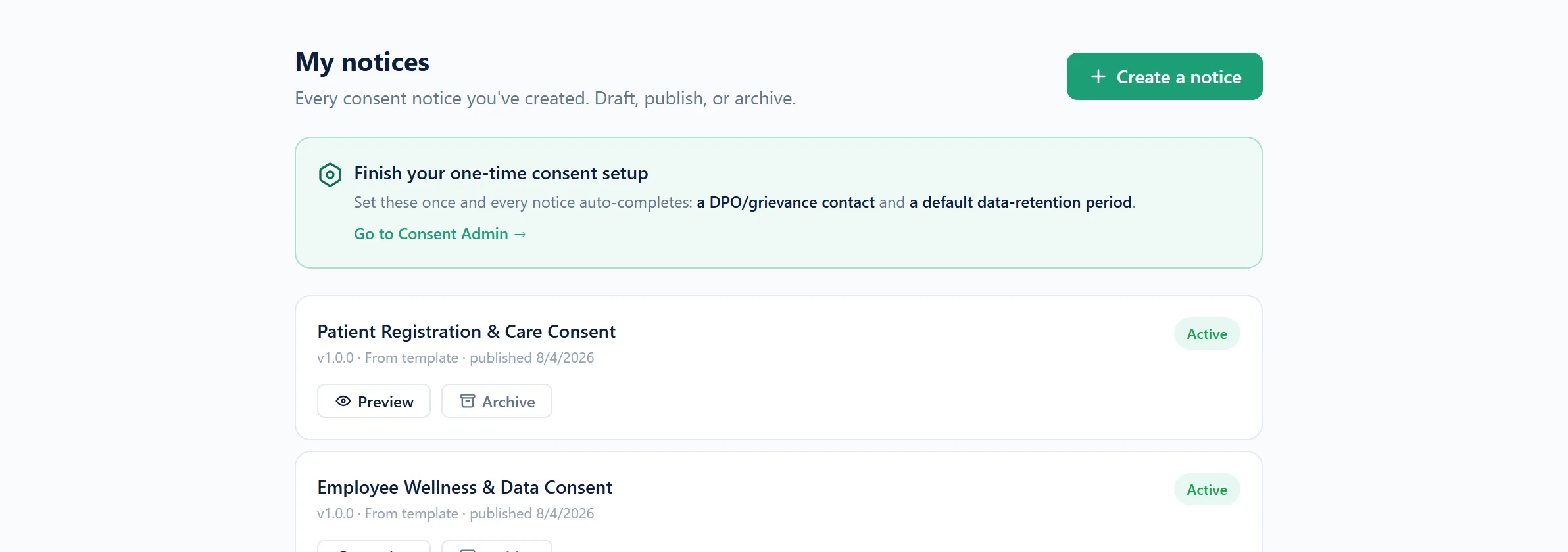 The consent notices screen, listing published notices with their version numbers,
             languages and status.
