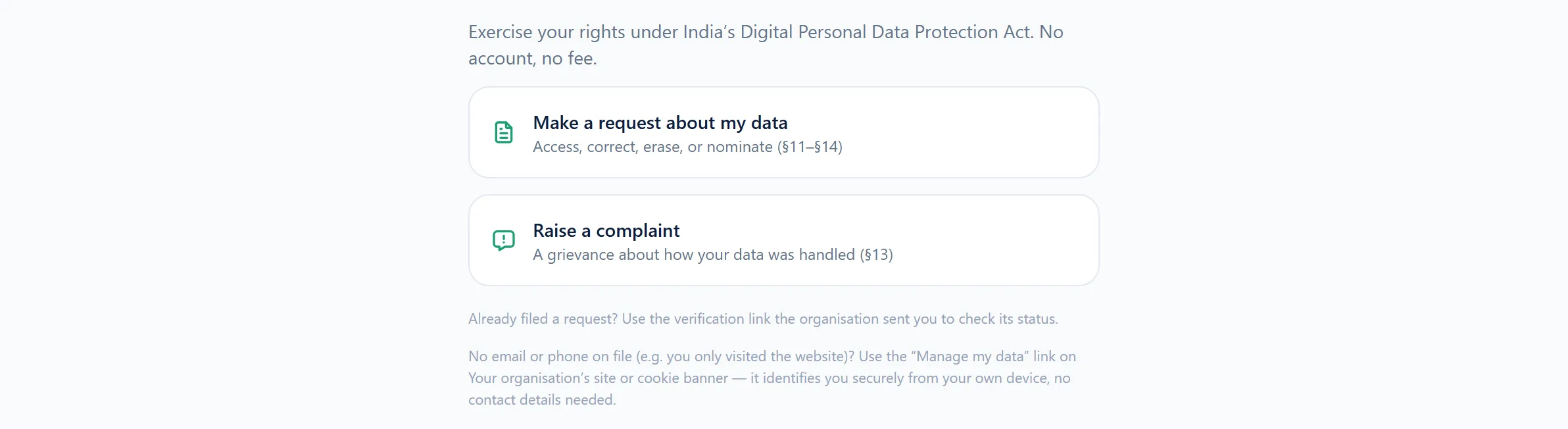 The public data principal rights portal: two large choices — make a request about my data,
             covering access, correction, erasure and nomination, or raise a complaint about how data
             was handled — with a note that no account and no fee are required.