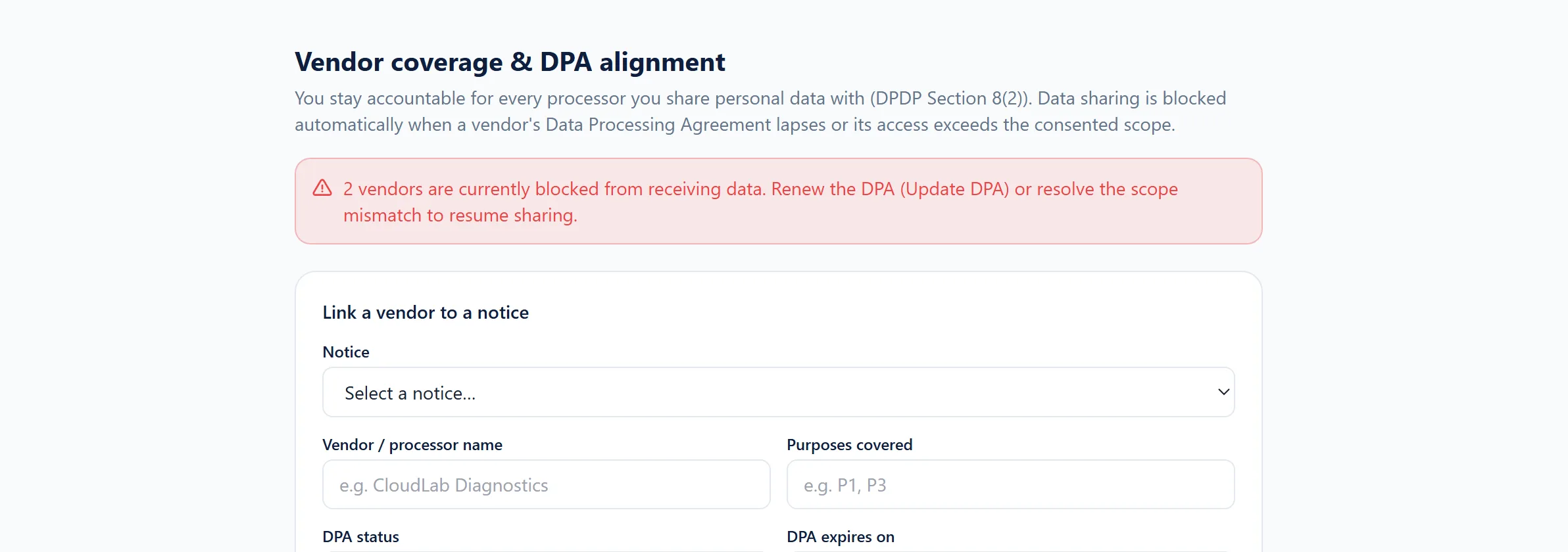 The vendor register showing each processor, the status of its data-processing agreement and whether sharing is blocked.